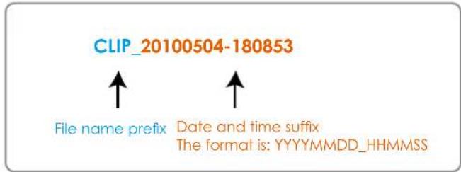 CLIP_20100504-180853 File name prefix Date and time suffix The format is: YYYYMMDD_HHMMSS
