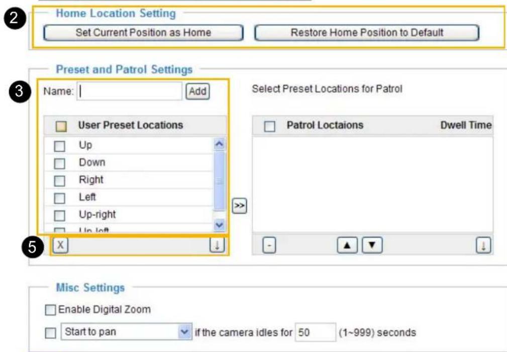 Home Location Setting Set Current Position as Home Restore Home Position to Default Preset and Patrol Settings Name: Add User Preset Locations Up Down Right Left Up-right Up left Select Preset Locations for Patrol Patrol Loctaions Dwell Time Misc Settings Enable Digital Zoom Start to pan if the camera idles for 50 (1~999) seconds