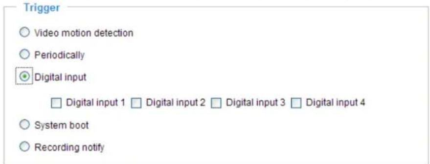 Trigger Video motion detection Periodically Digital input Digital input 1 Digital input 2 Digital input 3 Digital input 4 System boot Recording notify