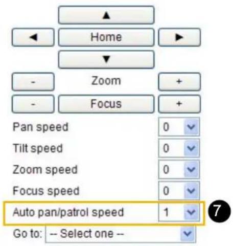 Home Zoom Focus Pan speed 0 Tilt speed 0 Zoom speed 0 Focus speed 0 Auto pan/patrol speed 1 Go to: -- Select one --