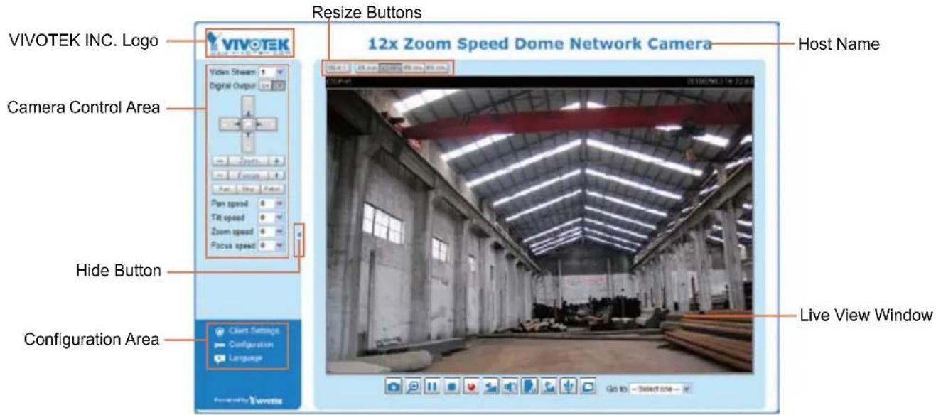 Resize Buttons VIVOTEK INC. Logo VIVOTEK Video Stream Digital Output Camera Control Area Hide Button Configuration Area 12x Zoom Speed Dome Network Camera Host Name Live View Window