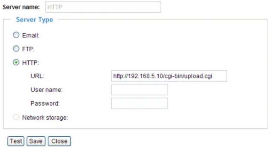 Server name: HTTP Server Type ○ Email: ○ FTP: ● HTTP: URL: http://192.168.5.10/cgi-bin/upload.cgi User name: Password: ○ Network storage: Test Save Close