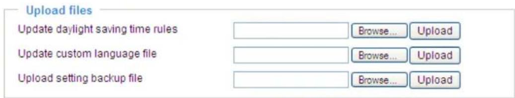 Upload files Update daylight saving time rules Browse... Upload Update custom language file Browse... Upload Upload setting backup file Browse... Upload