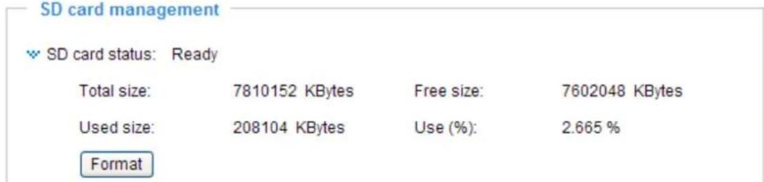 SD card management SD card status: Ready Total size: 7810152 KBytes Free size: 7602048 KBytes Used size: 208104 KBytes Use (%): 2.665 % Format