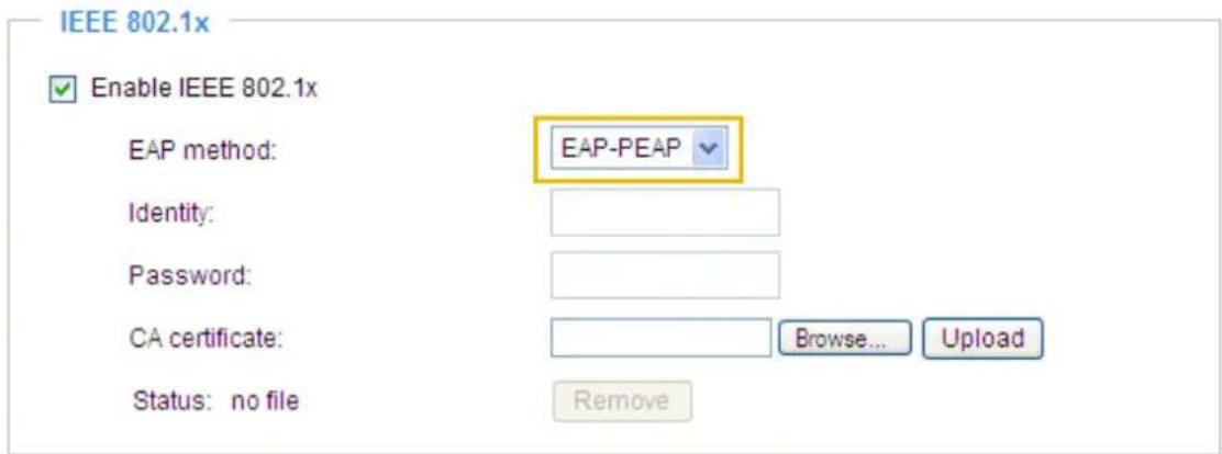 IEEE 802.1x Enable IEEE 802.1x EAP method: EAP-PEAP Identity: Password: CA certificate: Browse... Upload Status: no file Remove