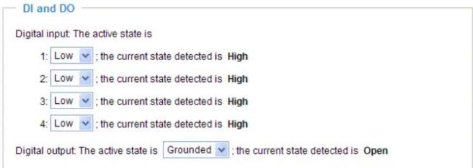 DI and DO Digital input: The active state is 1: Low ✓ ; the current state detected is High 2: Low ✓ ; the current state detected is High 3: Low ✓ ; the current state detected is High 4: Low ✓ ; the current state detected is High Digital output: The active state is Grounded ✓ ; the current state detected is Open