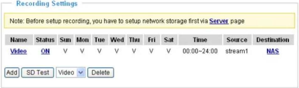 Recording Settings Note: Before setup recording, you have to setup network storage first via Server page Name Status Sun Mon Tue Wed Thu Fri Sat Time Source Destination Video ON V V V V V V V 00:00~24:00(stream1 NAS Add SD Test Video Delete