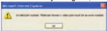 Microsoft Internet Explorer Invalid point number. Multicast streams 2 video point must be an even number. OK