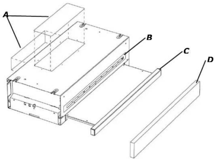 Technical diagram of a mechanical assembly with labeled components A, B, C, and D