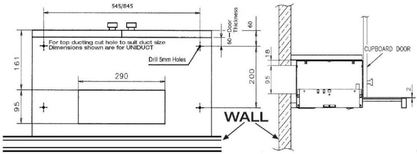 545/845 161 For top ducting cut hole to suit duct size Dimensions shown are for UNIDUCT Drill 5mm Holes 290 95 60 Door Thickness 60 200 18 95 WALL CUPBOARD DOOR 2