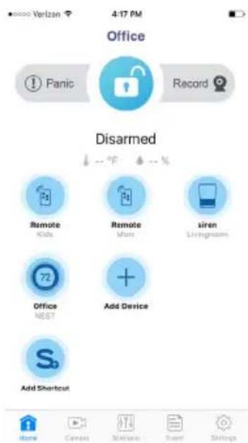 Office 4:17 PM Panic Record Disarmed Remote Kids Remote More siren Living room Office NEST Add Device Add Shortcut Home Canvas Sears Smart Settings
