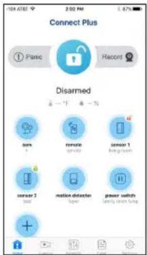 Connect Plus ① Panic Record Disarmed sens 1 remote sensor 2 sensor 3 motion detector power switch +/-