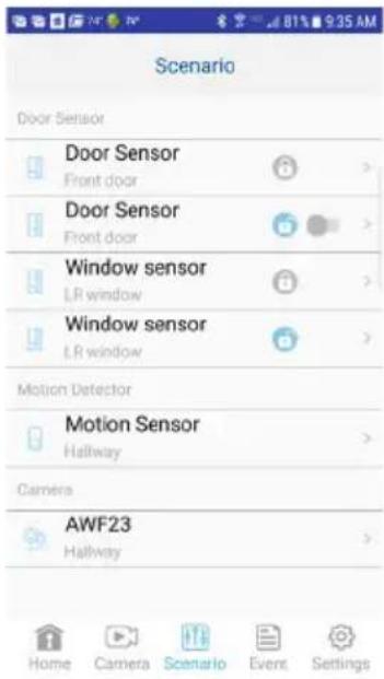 Scenario Door Sensor Door Sensor Front door Door Sensor Front door Window sensor LR window Window sensor LR window Motion Detector Motion Sensor Hallway Camers AWF23 Hallway Home Camera Scenario Event Settings