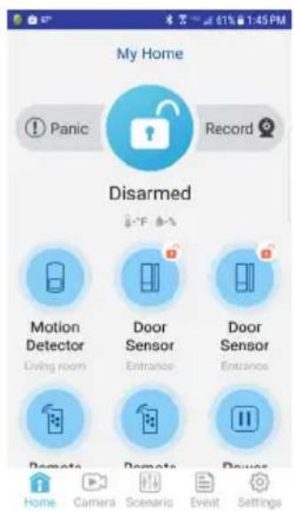 My Home ! Panic Record Disarmed Motion Detector Living room Door Sensor Entrance Door Sensor Entrance Droperm Droperm Droperm Home Camera Scenario Event Settings
