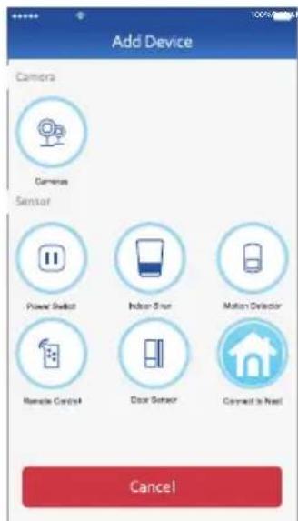 Add Device Camers Camera Sensor Power Switch Indoor Skin Motion Detector Remote Control Clear Sensor Connect to Next Cancel