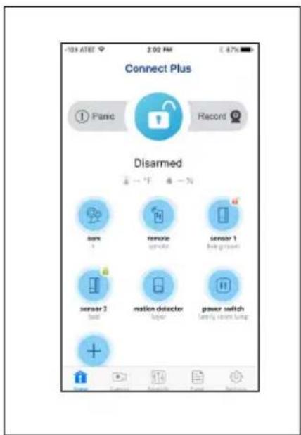 Connect Plus ① Panic Record Disarmed sens remote sensor 1 living screen sensor 2 mation detector power switch family alarm lamp