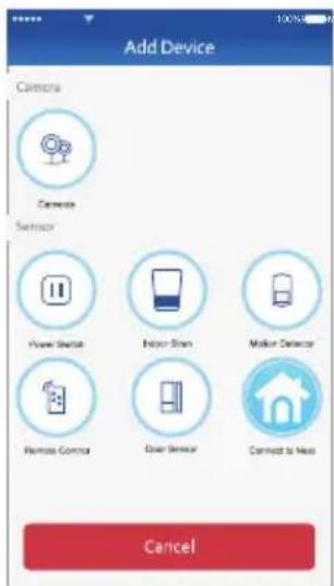 Add Device Camera Camera Sensor Power Device Intron Strain Motion Detector Remote Control Door Sensor Connected to Next Cancel