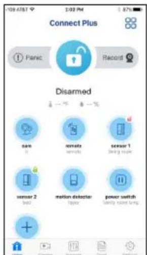 Connect Plus Panic Record Disarmed oam sensz sensor 1 beng sower sensor 2 bell motion detector Taylor power switch family screen turn