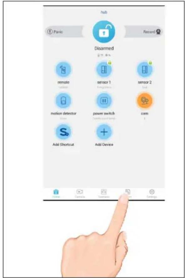 hub ① Panic Record Disarmed remote sensor 1 sensor 2 motion detector power switch cam Add Shortcut Add Device