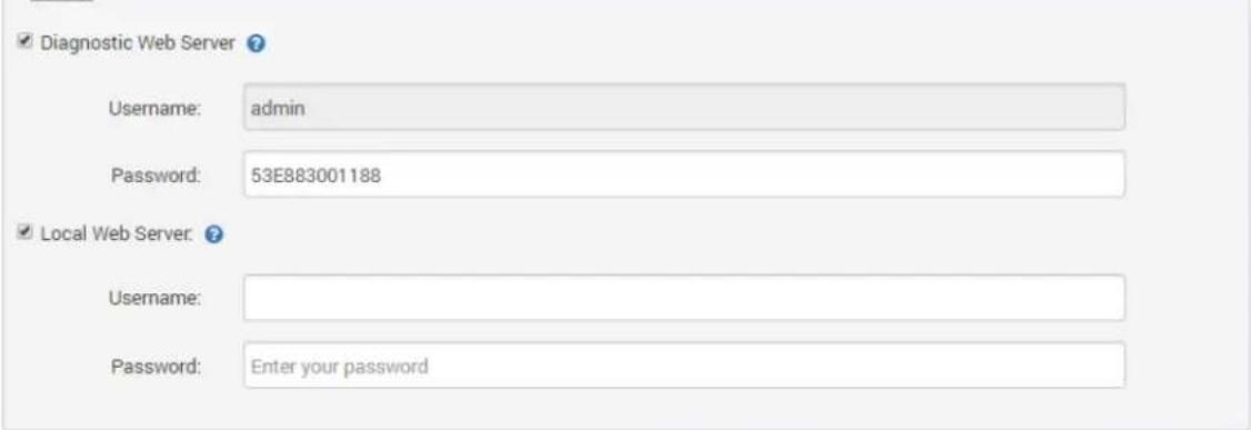 Diagnostic Web Server ? Username: admin Password: 53E883001188 Local Web Server: Username: Password: Enter your password