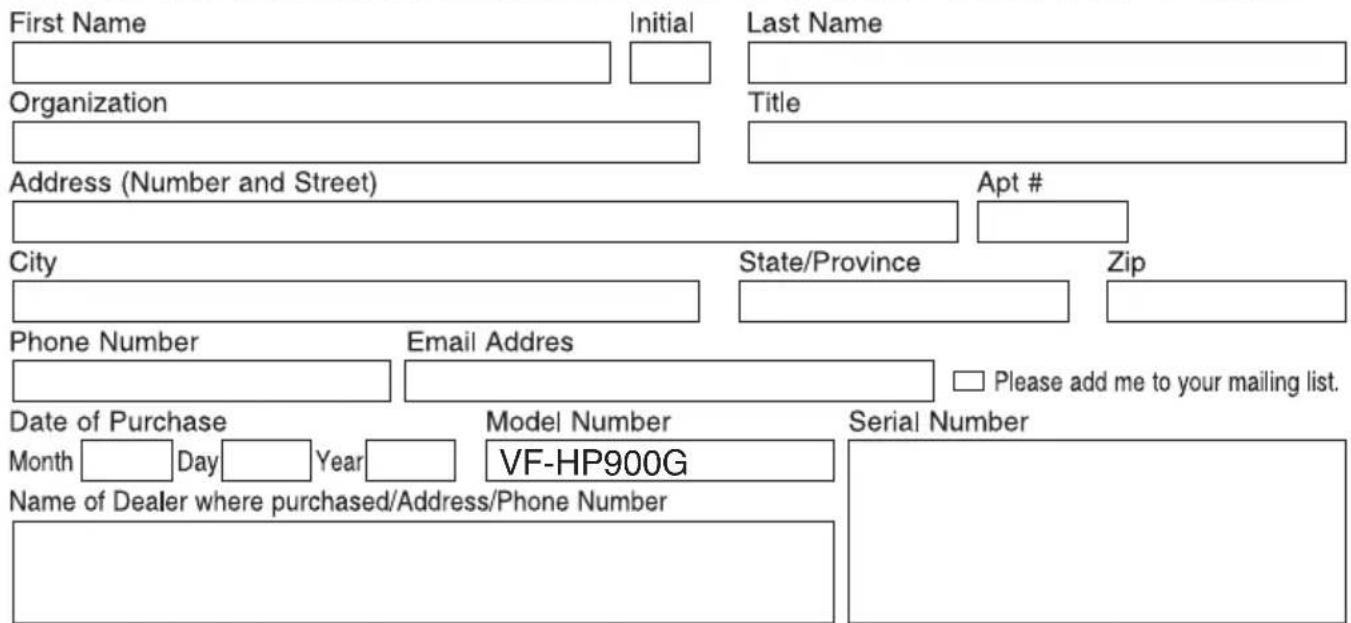 JVC VF-HP900 - PRODUCT SAFETY REGISTRATION CARD - 1