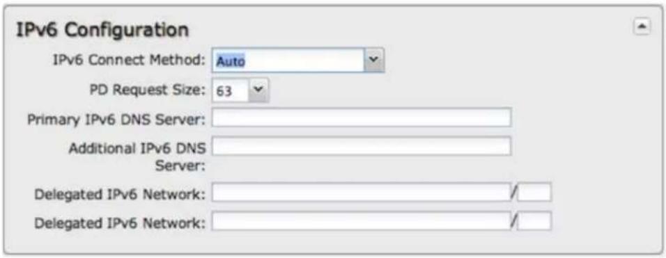 IPv6 Configuration IPv6 Connect Method: Auto PD Request Size: 63 Primary IPv6 DNS Server: Additional IPv6 DNS Server: Delegated IPv6 Network: / Delegated IPv6 Network: /