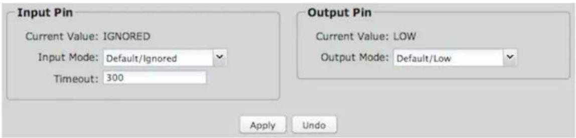 Input Pin Current Value: IGNORED Input Mode: Default/Ignored Timeout: 300 Output Pin Current Value: LOW Output Mode: Default/Low Apply Undo