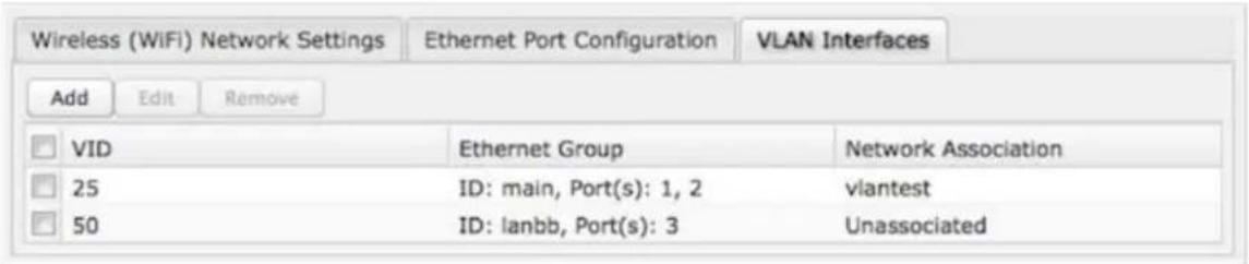 Wireless (WiFi) Network Settings Ethernet Port Configuration VLAN Interfaces Add Edit Remove □ VID Ethernet Group Network Association □ 25 ID: main, Port(s): 1, 2 viantest □ 50 ID: lanbb, Port(s): 3 Unassociated