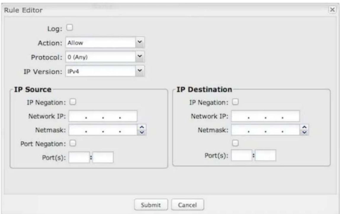 Rule Editor Log: Action: Allow Protocol: 0 (Any) IP Version: IPv4 IP Source IP Negation: Network IP: . . . Netmask: . . . Port Negation: Port(s): : IP Destination IP Negation: Network IP: . . . Netmask: . . . Port(s): : Submit Cancel
