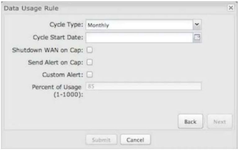 Data Usage Rule Cycle Type: Monthly Cycle Start Date: Shutdown WAN on Cap: Send Alert on Cap: Custom Alert: Percent of Usage 85 (1-1000): Back Next Submit Cancel