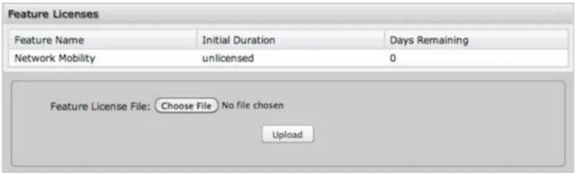 Feature Licenses Feature Name Initial Duration Days Remaining Network Mobility unlicensed 0 Feature License File: Choose File No file chosen Upload