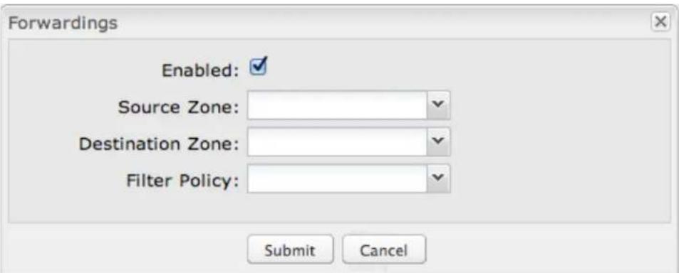 Forwardings Enabled: Source Zone: Destination Zone: Filter Policy: Submit Cancel