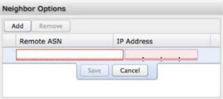 Neighbor Options Add Remove Remote ASN IP Address Save Cancel