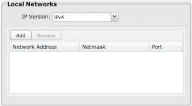 Local Networks IP Version: IPv4 Add Remove Network Address Netmask Port