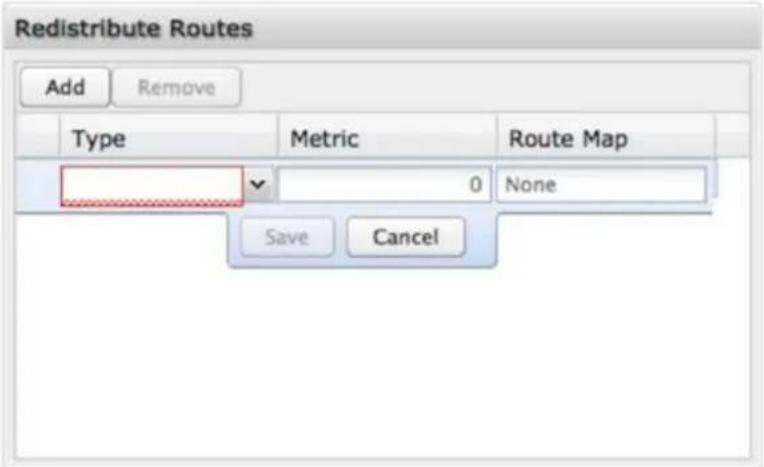 Redistribute Routes Add Remove Type Metric Route Map 0 None Save Cancel