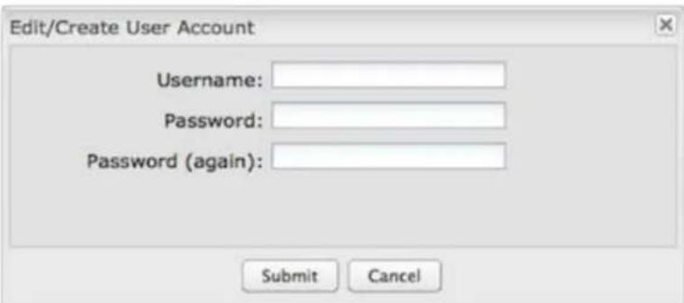 Edit/Create User Account Username: Password: Password (again): Submit Cancel