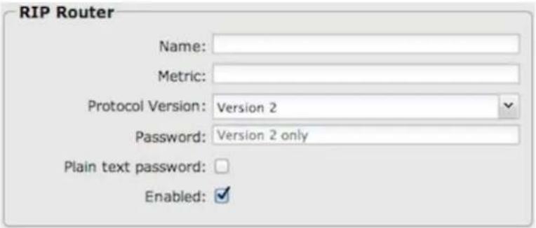 RIP Router Name: Metric: Protocol Version: Version 2 Password: Version 2 only Plain text password: Enabled: ✓