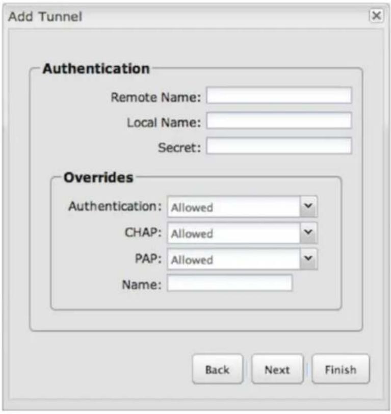 Add Tunnel Authentication Remote Name: Local Name: Secret: Overrides Authentication: Allowed CHAP: Allowed PAP: Allowed Name: Back Next Finish