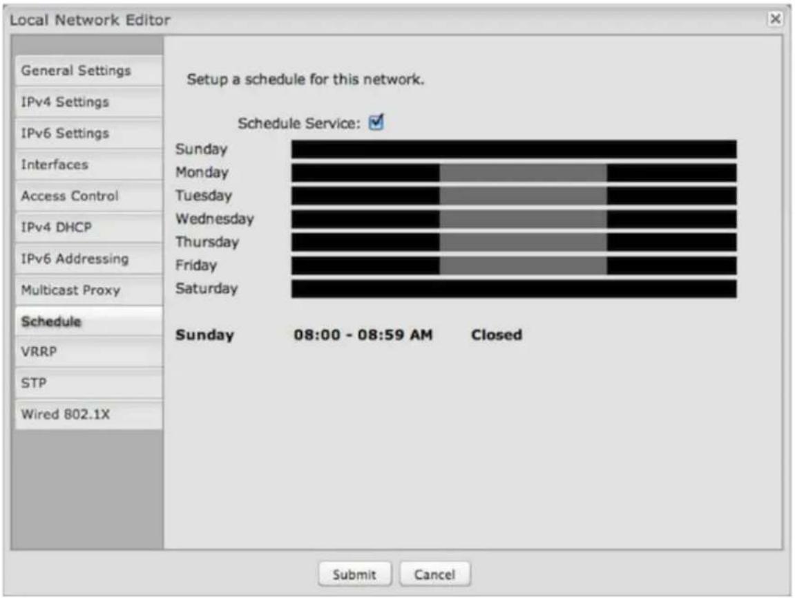 Local Network Editor General Settings IPv4 Settings IPv6 Settings Interfaces Access Control IPv4 DHCP IPv6 Addressing Multicast Proxy Schedule VRRP STP Wired 802.1X Setup a schedule for this network. Schedule Service: Sunday Monday Tuesday Wednesday Thursday Friday Saturday Sunday 08:00 - 08:59 AM Closed Submit Cancel