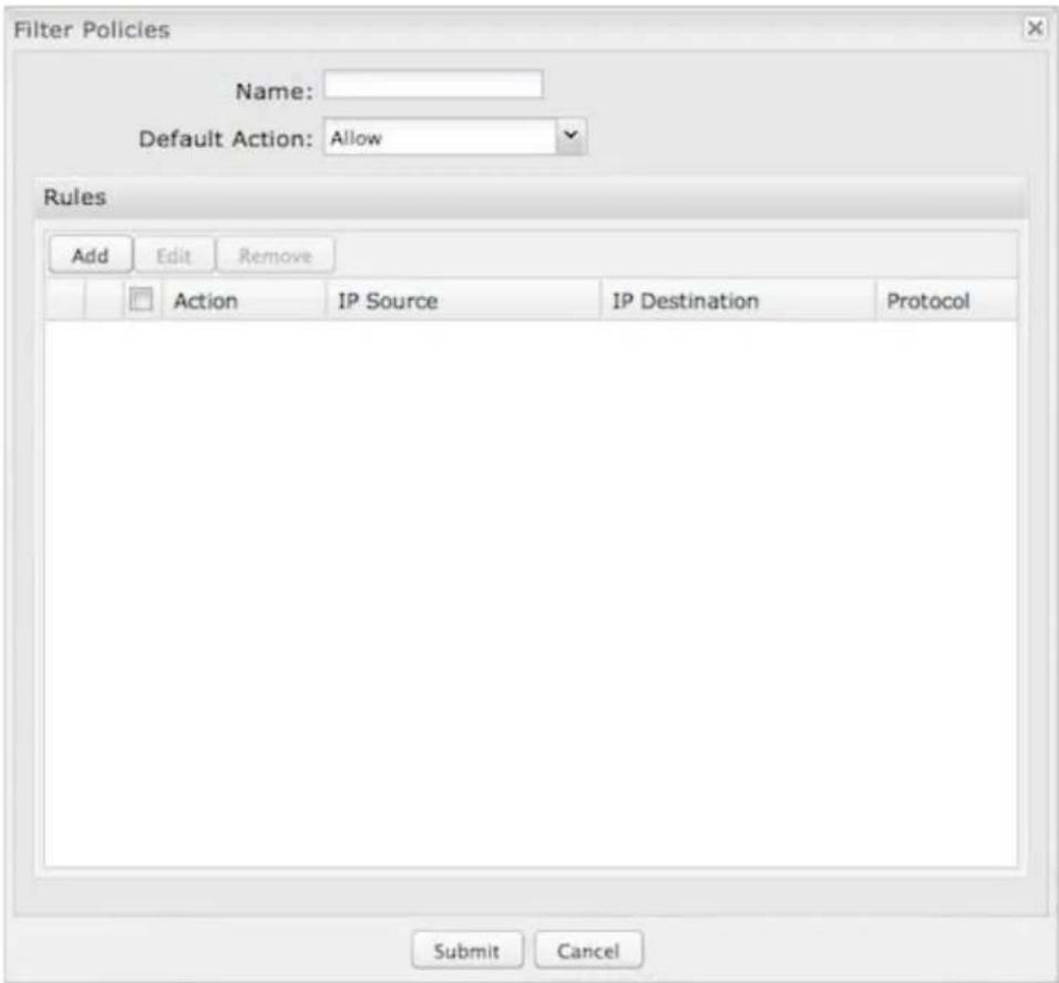Filter Policies Name: Default Action: Allow Rules Add Edit Remove Action IP Source IP Destination Protocol Submit Cancel