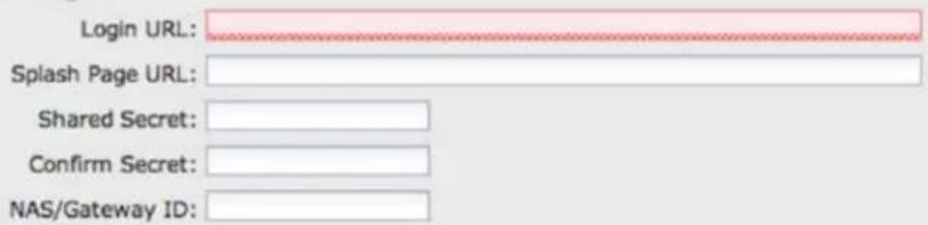 Login URL: Splash Page URL: Shared Secret: Confirm Secret: NAS/Gateway ID: