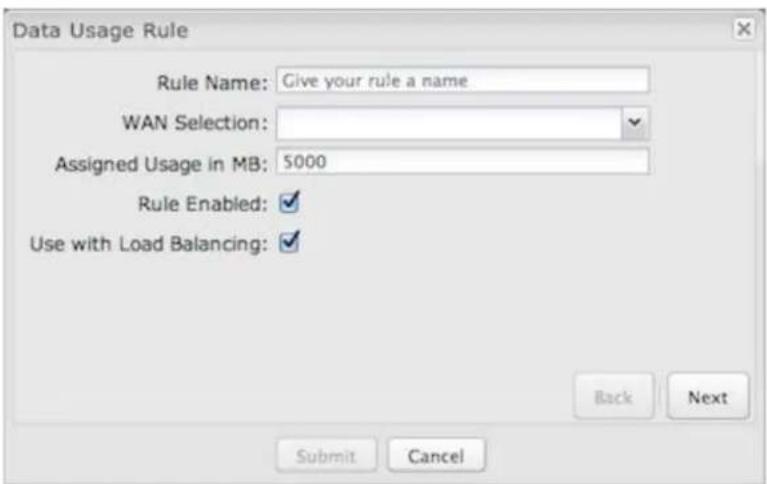Data Usage Rule Rule Name: Give your rule a name WAN Selection: Assigned Usage in MB: 5000 Rule Enabled: ✓ Use with Load Balancing: ✓ Back Next Submit Cancel
