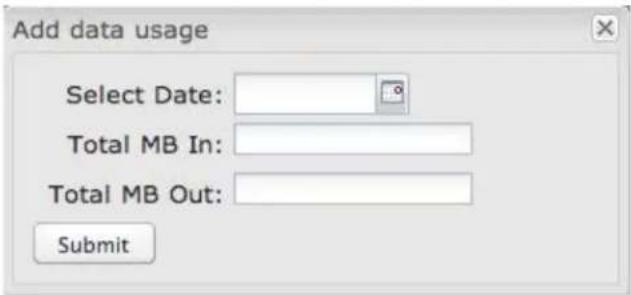 Add data usage Select Date: Total MB In: Total MB Out: Submit