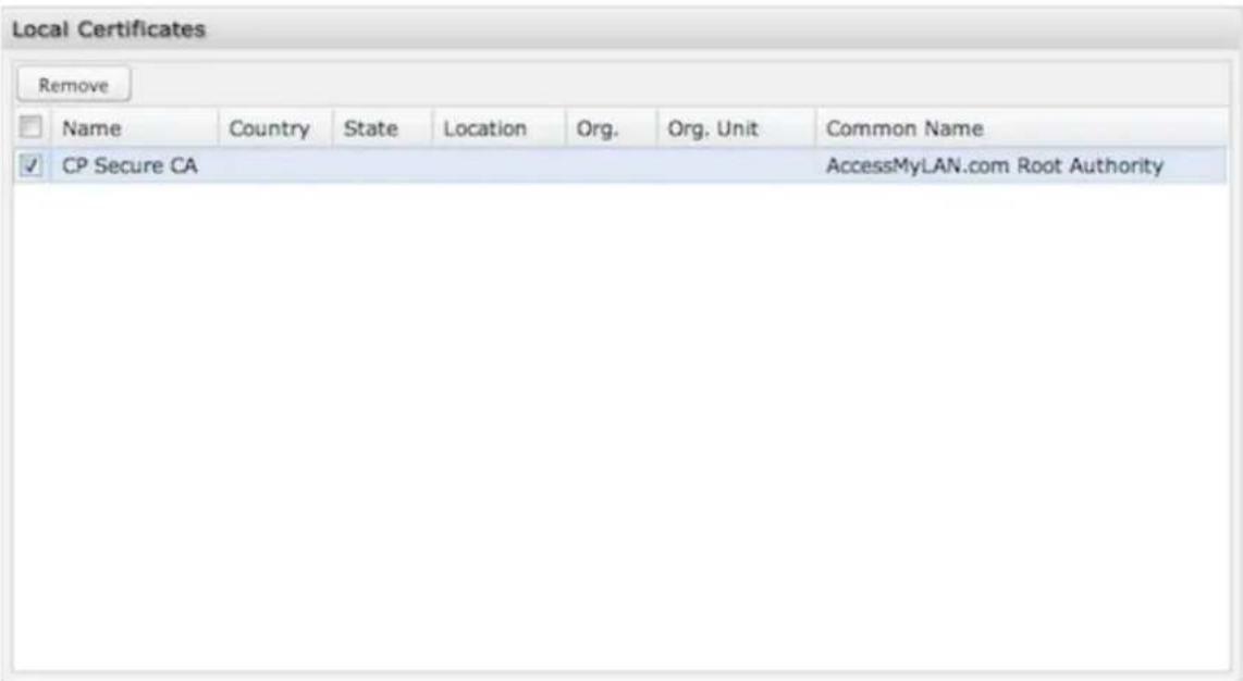 Local Certificates Remove Name Country State Location Org. Org. Unit Common Name CP Secure CA AccessMyLAN.com Root Authority