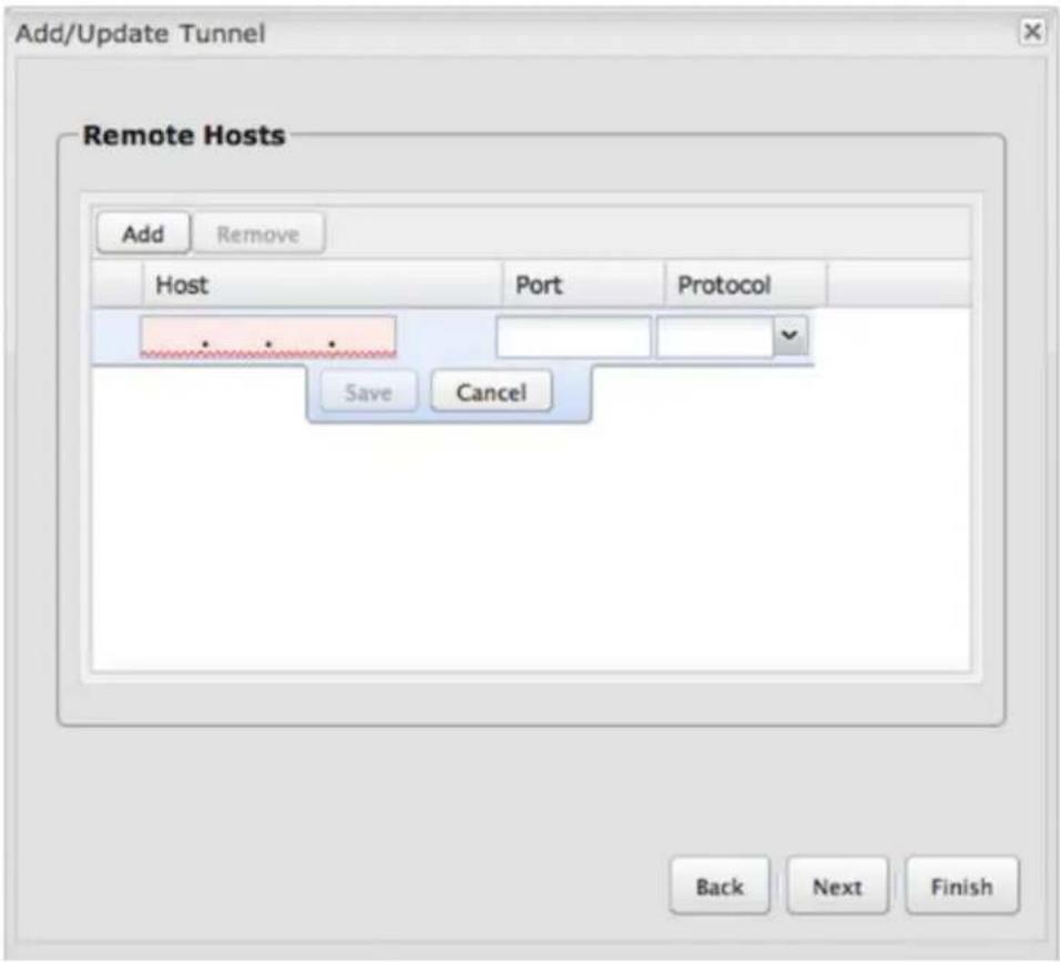 Add/Update Tunnel Remote Hosts Add Remove Host Port Protocol Save Cancel Back Next Finish