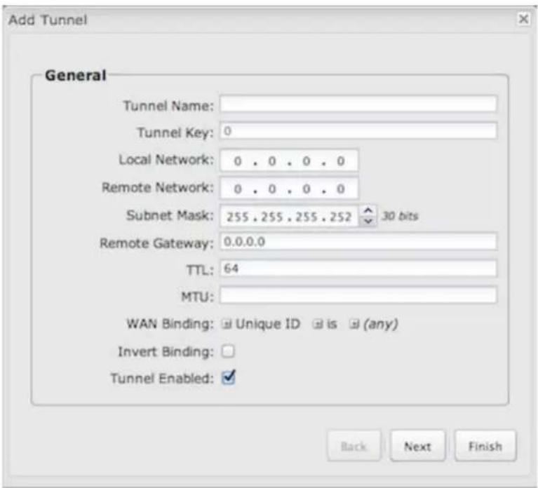 Add Tunnel General Tunnel Name: Tunnel Key: 0 Local Network: 0 . 0 . 0 . 0 Remote Network: 0 . 0 . 0 . 0 Subnet Mask: 255 . 255 . 255 . 252 30 bits Remote Gateway: 0.0.0.0 TTL: 64 MTU: WAN Binding: ☑ Unique ID ☑ is ☑ (any) Invert Binding: Tunnel Enabled: ✓ Back Next Finish