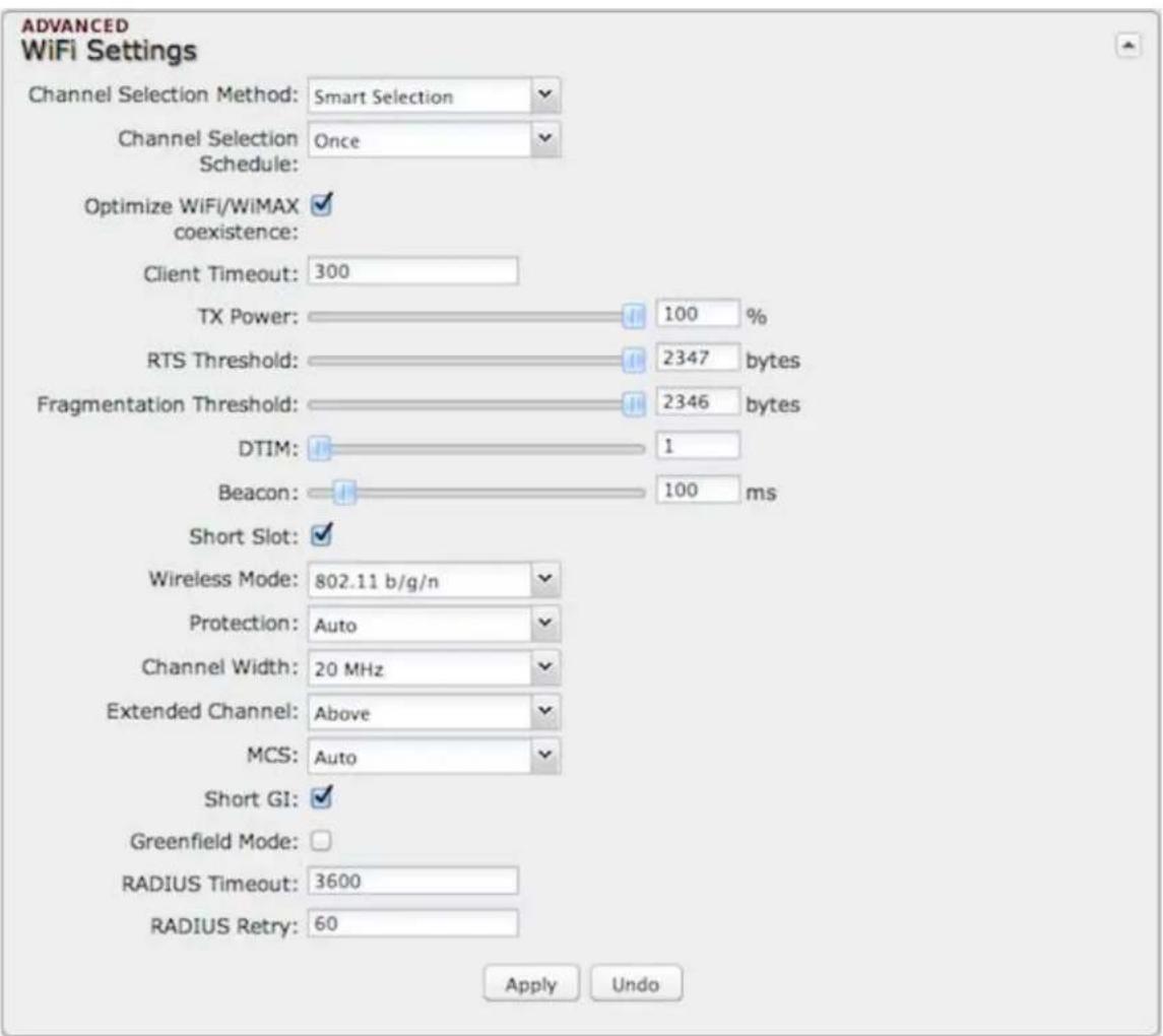 ADVANCED WiFi Settings Channel Selection Method: Smart Selection Channel Selection Once Schedule: Optimize WiFi/WiMAX coexistence: Client Timeout: 300 TX Power: 100 % RTS Threshold: 2347 bytes Fragmentation Threshold: 2346 bytes DTIM: 1 Beacon: 100 ms Short Slot: Wireless Mode: 802.11 b/g/n Protection: Auto Channel Width: 20 MHz Extended Channel: Above MCS: Auto Short GI: Greenfield Mode: RADIUS Timeout: 3600 RADIUS Retry: 60 Apply Undo