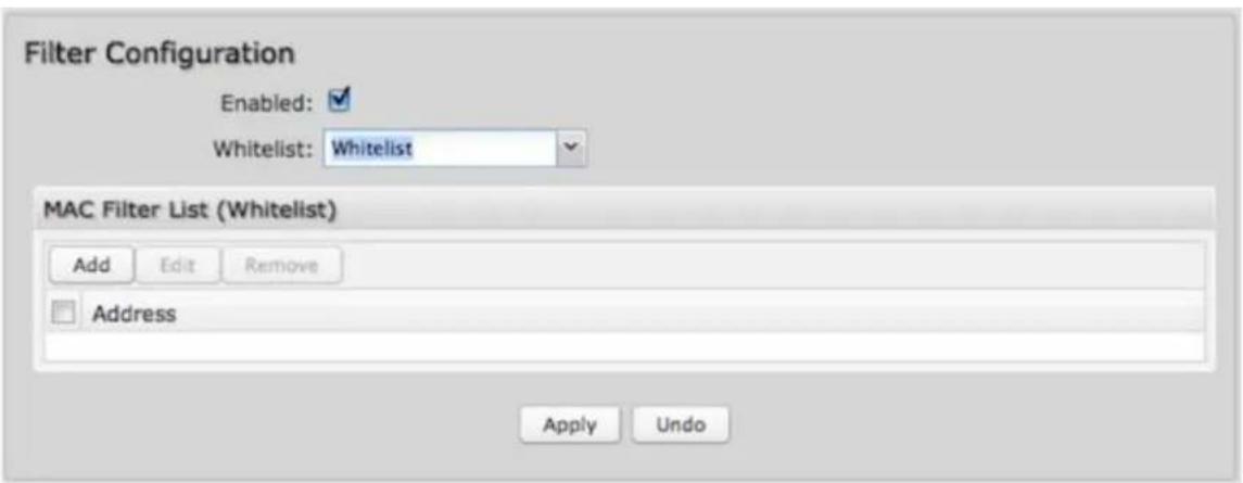 Filter Configuration Enabled: Whitelist: Whitelist MAC Filter List (Whitelist) Add Edit Remove Address Apply Undo