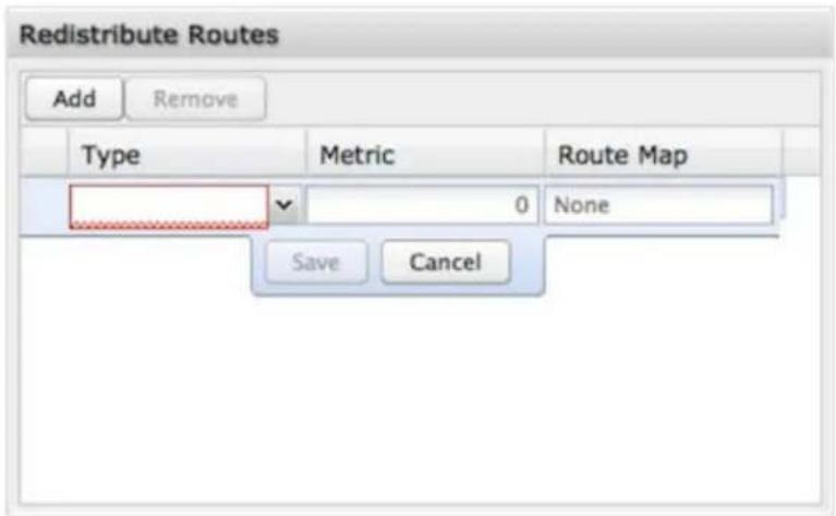 Redistribute Routes Add Remove Type Metric Route Map 0 None Save Cancel
