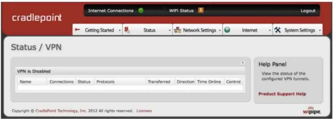 cradlepoint Internet Connections WIFI Status Logout Getting Started Status Network Settings Internet System Settings Status / VPN VPN is Disabled Name Connections Status Protocols Transferred Direction Time Online Control Help Panel View the status of the configured VPN tunnels. Product Support Help Copyright © CradlePoint Technology, Inc. 2012 All rights reserved. Licenses wipipec.